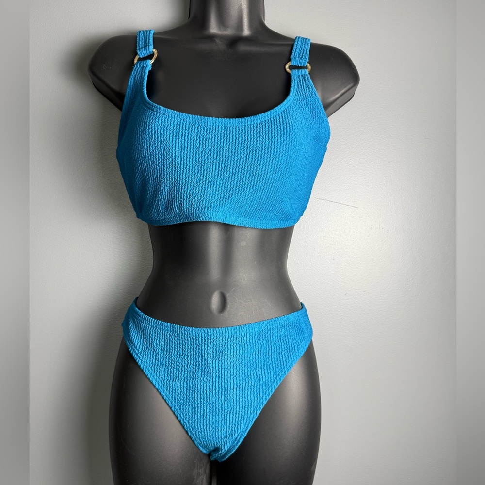 Michael Kors Women's Bikini Ring 2 Pc Bralette & Bottoms Set Vintage Blue Sz M